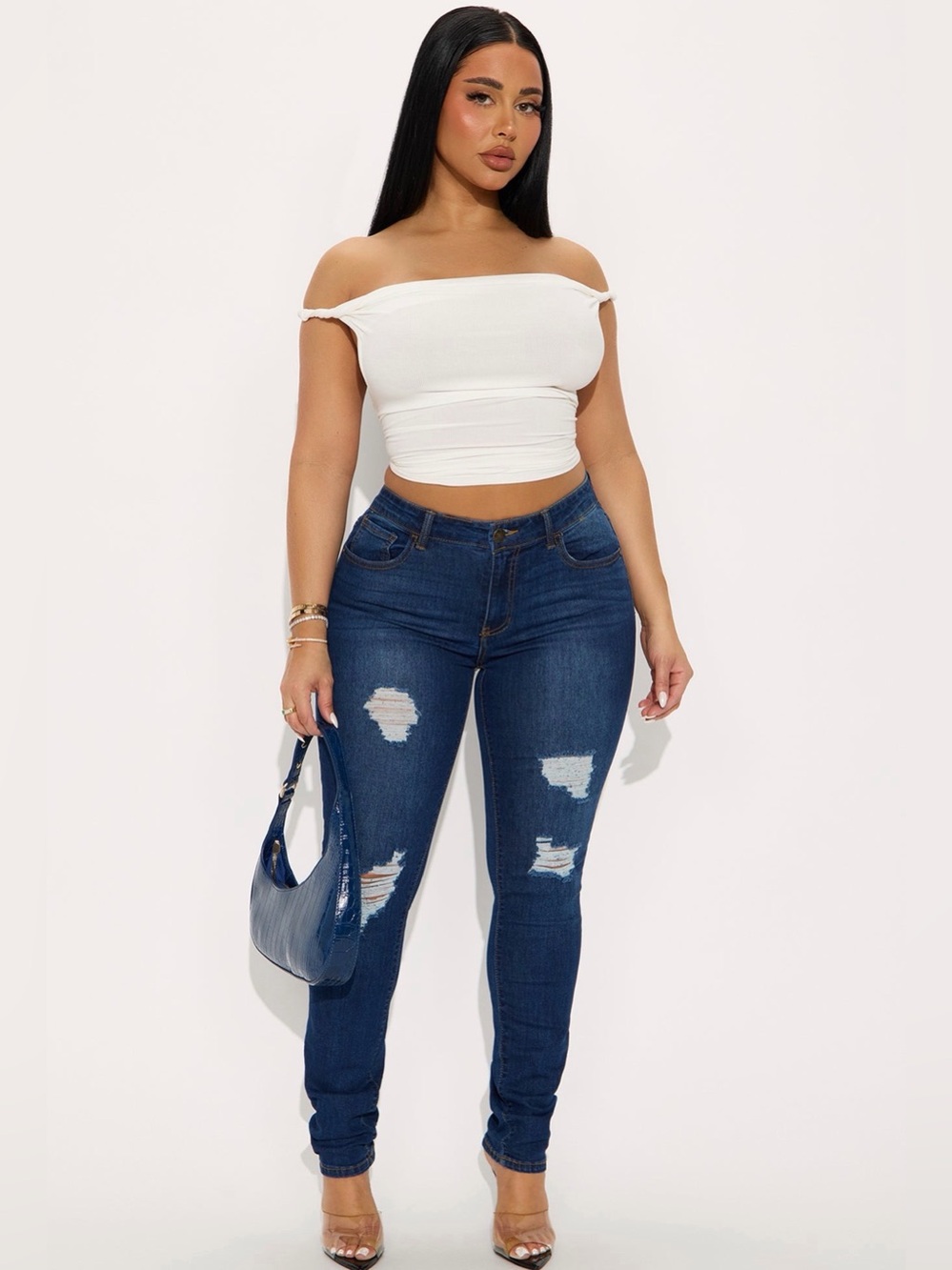 Fashion Nova Dark Blue Distressed High-Rise Skinny Jeans